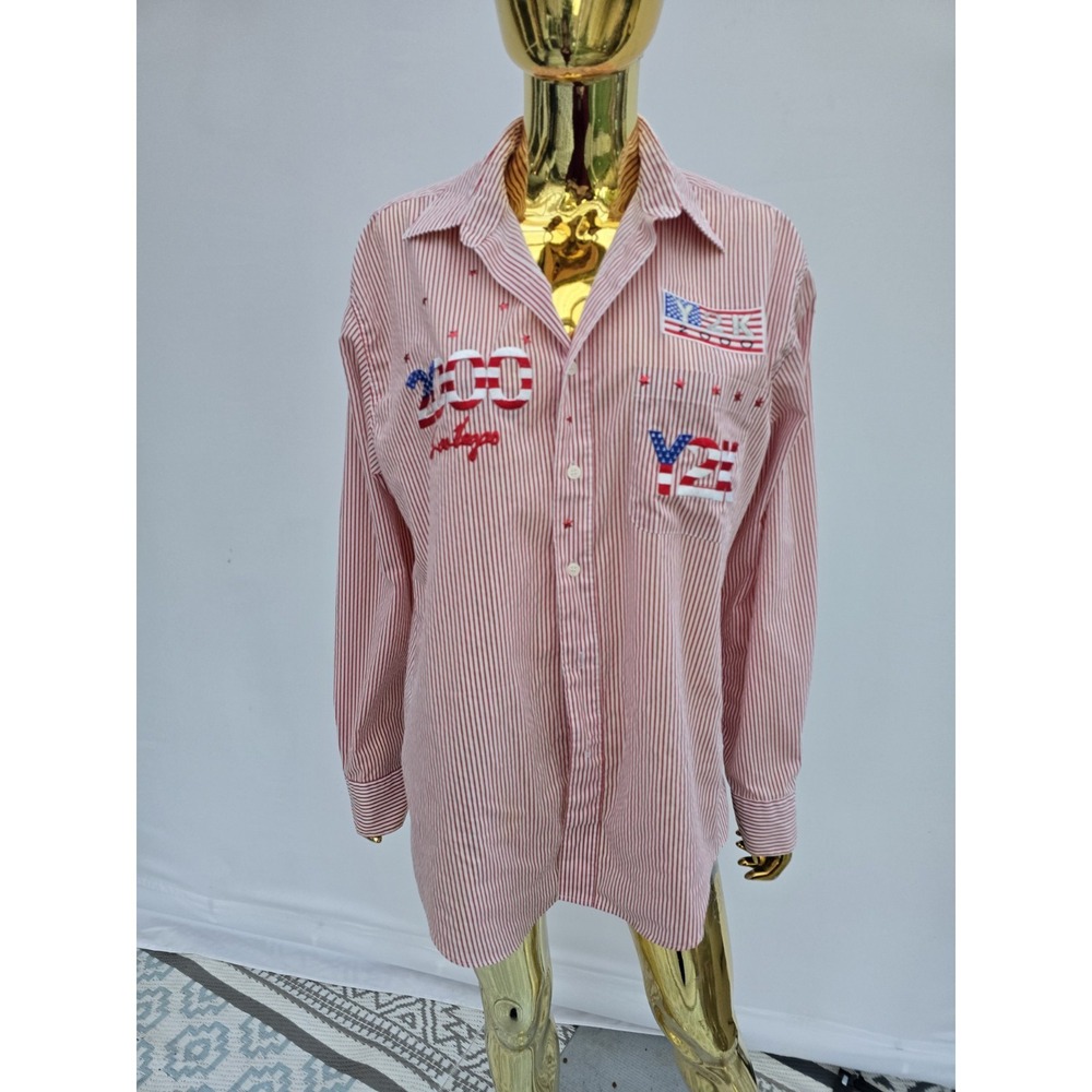 Y2K Get Lucky Patriotic American Flag Patches Button up Shirt Medium Red Stripes - Picture 2 of 6